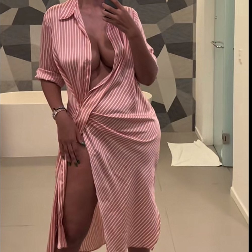Zara Satin V Neck Striped Gathered Origami Long Sleeve Midi Cocktail Dress Pink